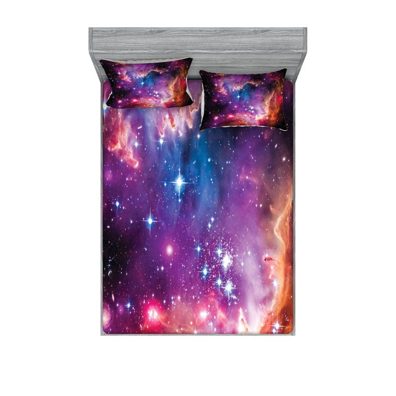 Drap-housse et coussin décoratif Ambesonne Cosmos Mauve bleu orange, Ensemble de draps pour très grand lit californien