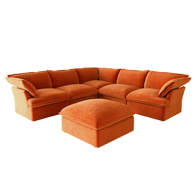 Fairford 6-Piece Upholstered Modern Corduroy Fabric Sectional Sofa With Ottoman, Orange Velvet