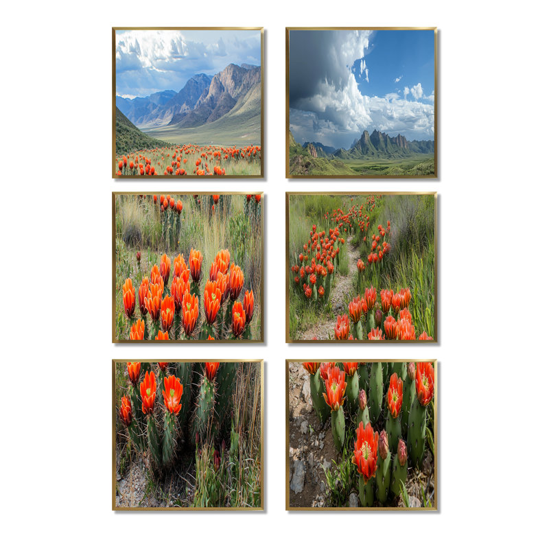 «Blooming Cacti Desert At Sunset», ensemble de 6 impressions florales sur toile, Impression encadrée sans passe-partout, Doré