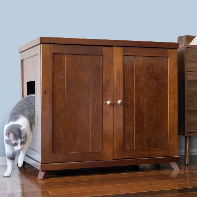 The Refined Litter Box - Wood Cat Litter Box Enclosure Cabinet with Drawer, Cottage Style + Feet, Mahogany, Extra Large, Tape