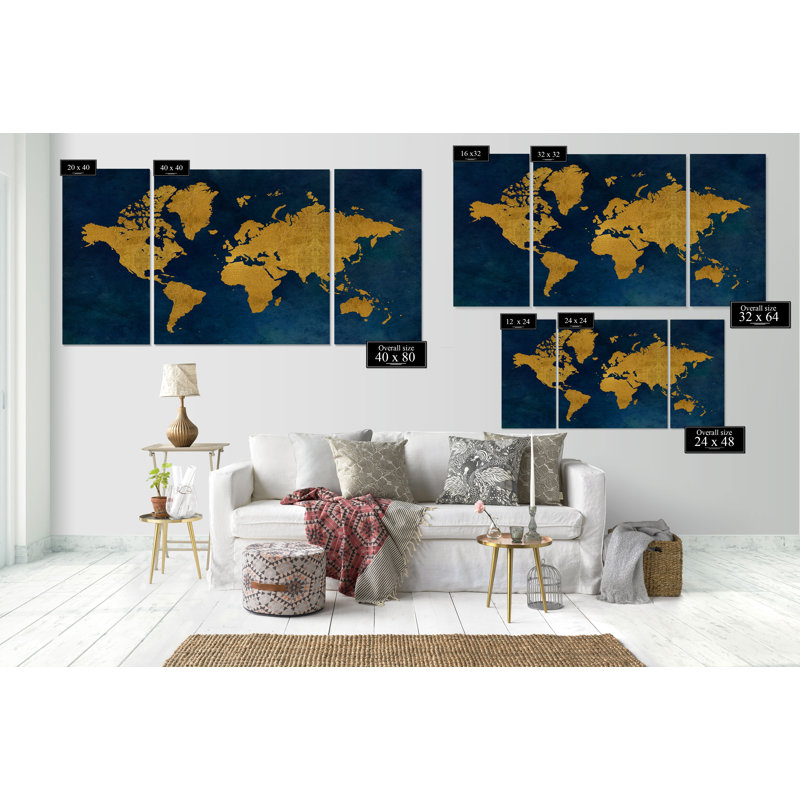 « golden blue map », reproduction d’image multi-pièces de première qualité sur toile, H 24 po x l 48 po x P 1,5 po
