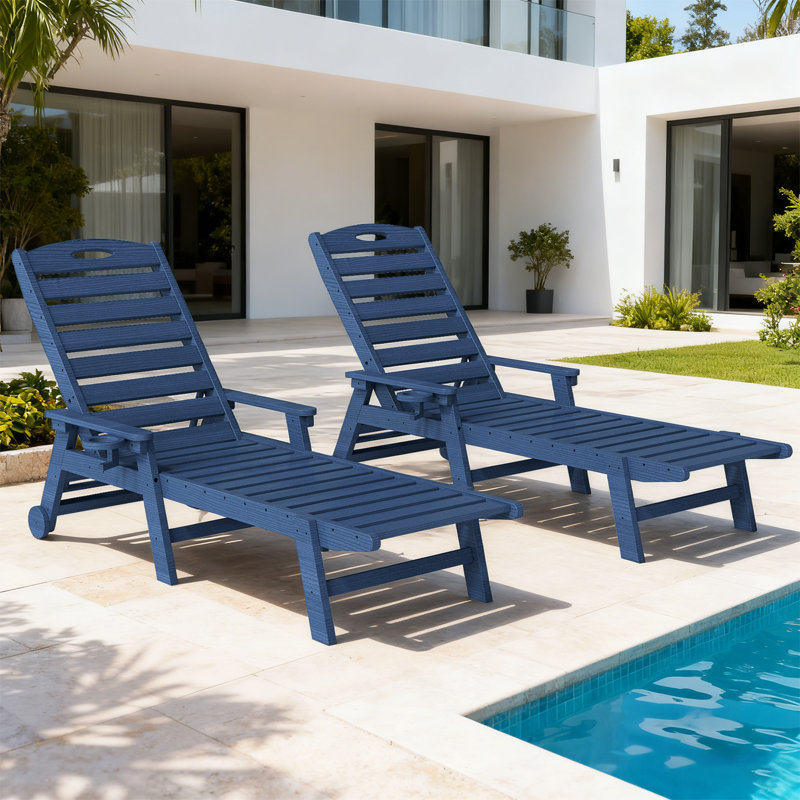 2-Piece All-Weather HDPE Wood Look Outdoor Chaise Lounge with Wheels, Cup Holder & 5-Position Adjustable Backrest, Dark Blue