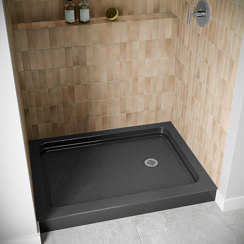 Base de douche 48 po x 36 po Alcove en acrylique noir brillant avec bonde droite, bonde incluse, Noir lustré