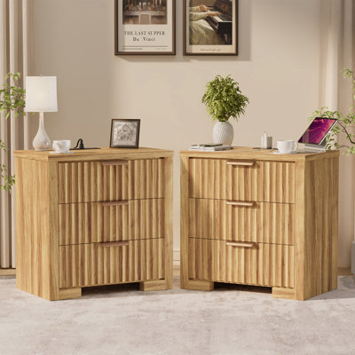 23.6"W 3-Drawer Nightstand With Outlets, Modern Fluted Wood Night Stand Bedside Table for Bedroom Living Room Closet by Latitude Run
