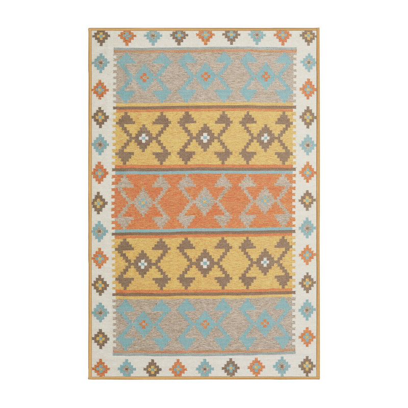 Tapis contemporain gris / jaune / rouge, Rectangle 5 pi x 7 pi
