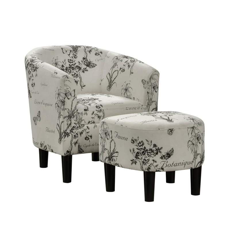 Anges Upholstered Barrel Chair with Ottoman, Botanical Print Soft Polyester
