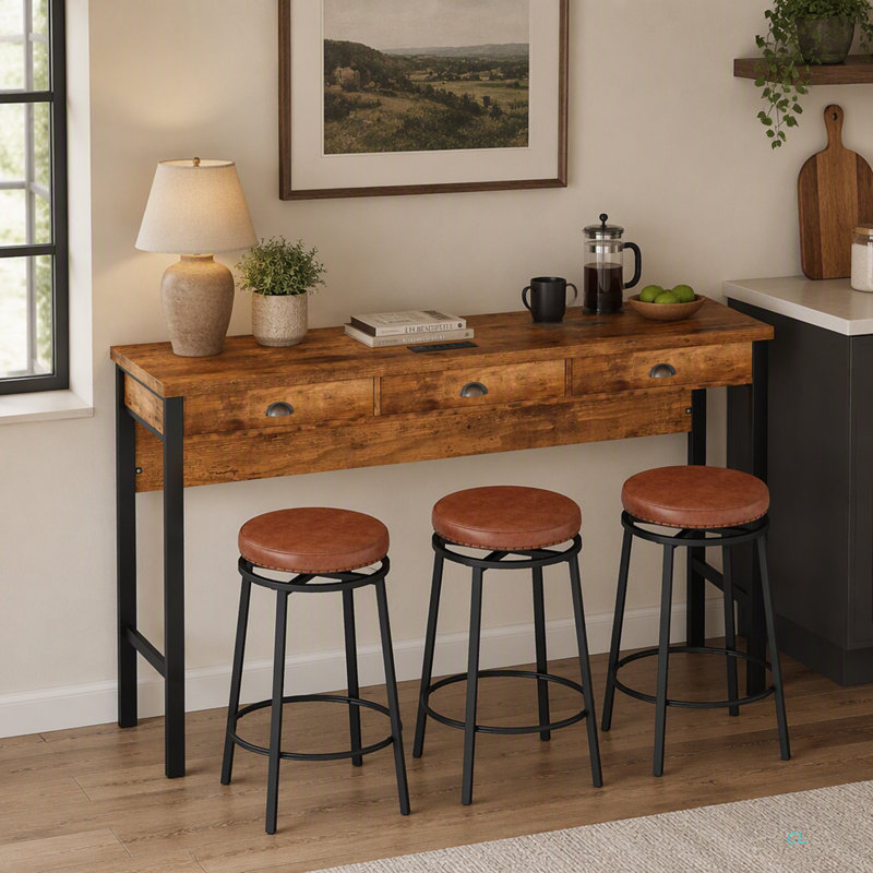 3-Drawer Long Dining Table Set With Power Outlets, Bar Kitchen Table Set With Circular PU Stools, Easy Assemble