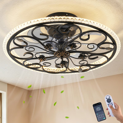 Ventilateur de plafond noir à cage avec éclairage, style rustique, montage encastré, télécommande, DEL 36 W, profil bas, idéal pour chambre, cuisine, salon et petits espaces.