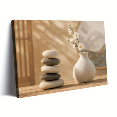 «Stacked Balance», pierres zen, vase blanc, prune, fleur, japonais, neutre, ton chaud, impression sur toile, art mural, plat, spa minimaliste, décoration, peinture