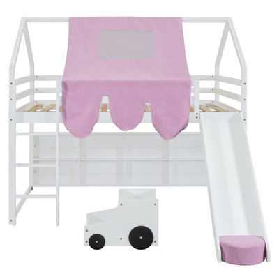 Lit mezzanine double avec glissade et tablettes de rangement
