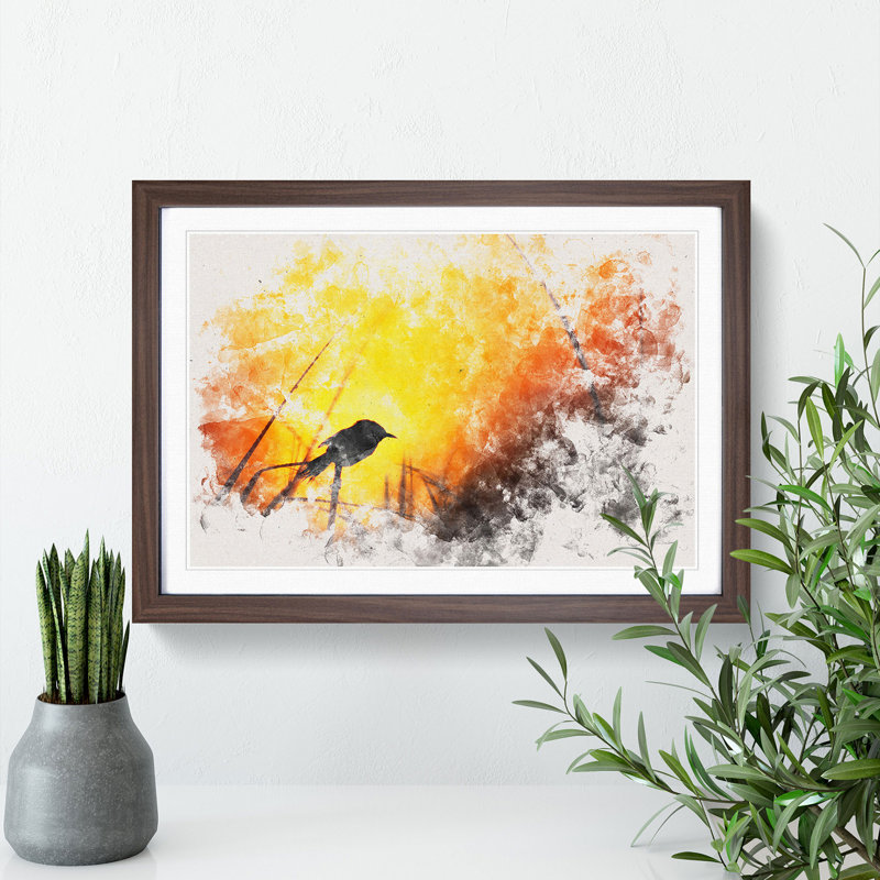 Bird in the Sunset Watercolour - Picture Frame Graphic Art Print, 45cm H x 63cm W x 2cm D, Walnut Framed