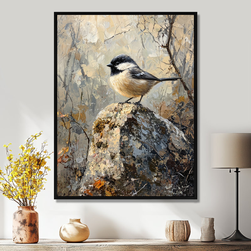 «Lade Chickadee Bird On A Pine Cone III», reproduction d'art sur toile, Noir, Impression encadrée flottante
