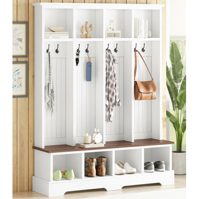 Farmhouse Hall Tree With 8 Hooks,modern 3-in-1 Wooden Style Coat And Shoe Rack