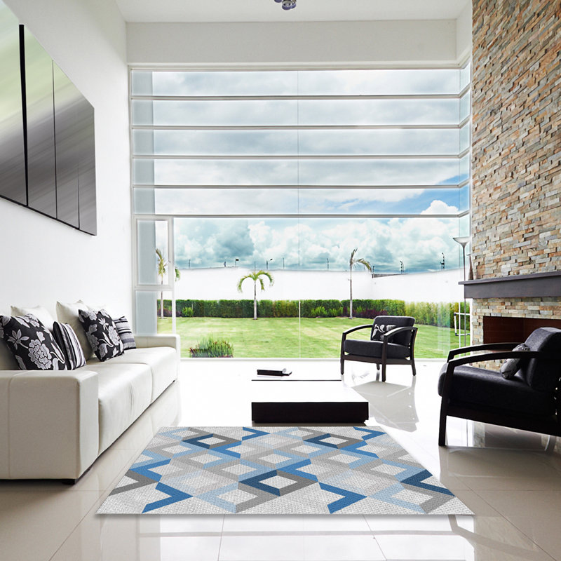 Tapis bleu/gris à motifs, Carré 6 pi