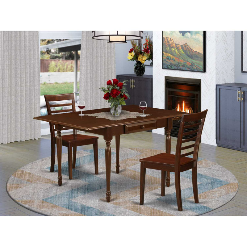 3 Piece Dining Room Furniture Set Contains a Rectangle Kitchen Table with Dropleaf and 2 Dining Chairs, Mahogany