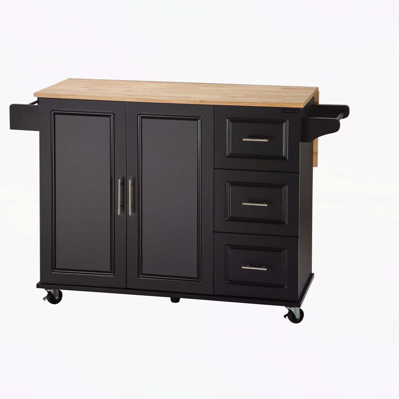 Îlot de cuisine et chariot de cuisine, îlot de cuisine mobile avec plateau de table en bois d'hévéa extensible, tablette réglable à l'intérieur de l'armoire pour différents ustensiles, 3 grands tiroirs, avec porte-épices, porte-serviettes, abeille noire