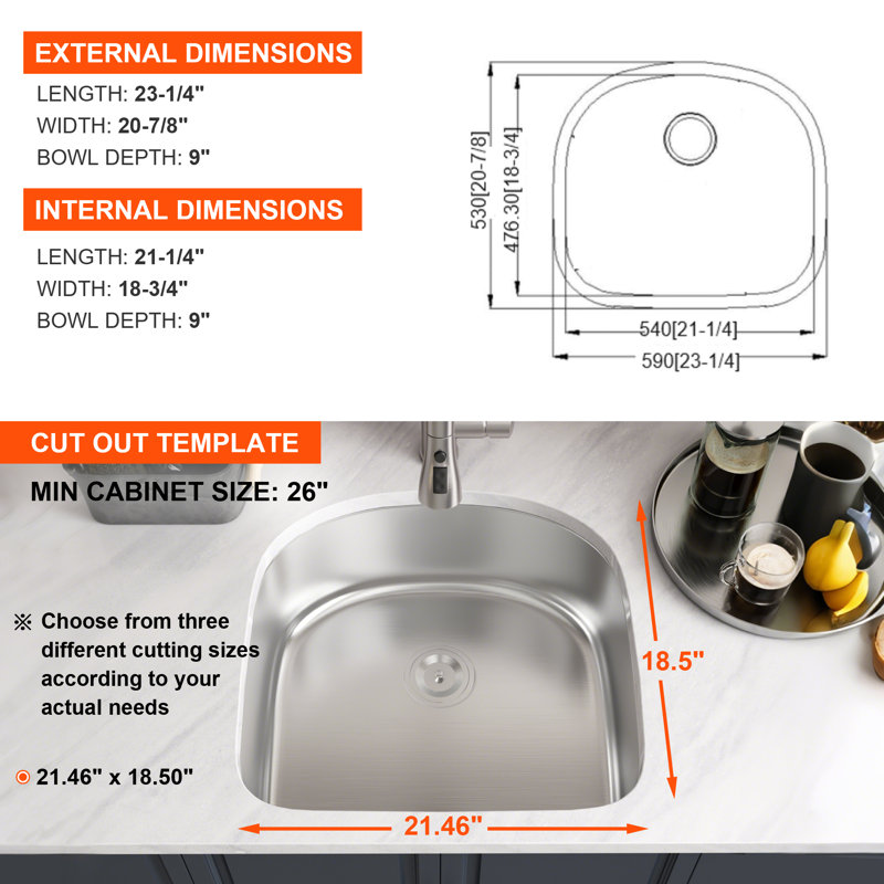 Blenzia 23 Inch Undermount Kitchen Sink D Shape 18 Gauge Stainless Steel Curved Single Bowl Sinks With Strainer 23" X 21" X 9"