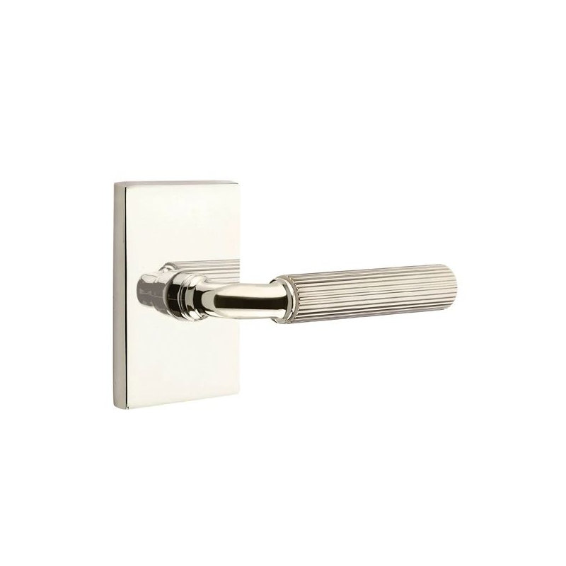 Select Passage Interior Mortise w/ Modern Rectangular Rosette & R-Bar Stem, Str. Knurled Lever, Left, Polished Nickel