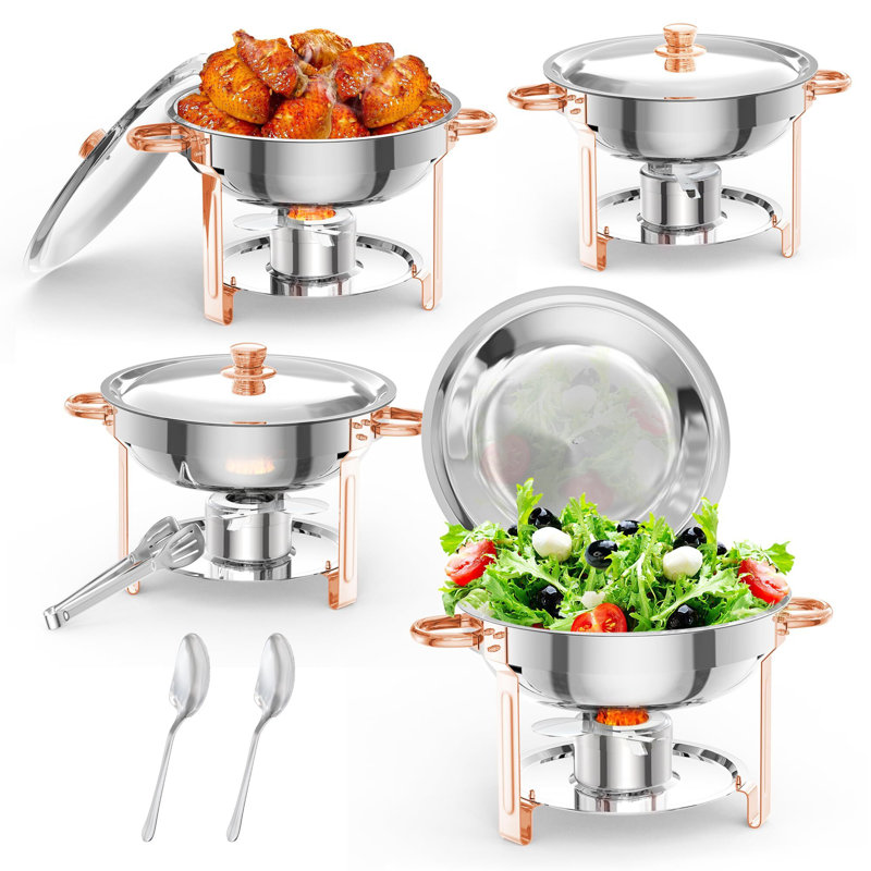 Chafing Dish for Buffet, 5QT Round Chafing Dishes Buffet Set w/Lid Holder, Stainless Steel Chafers and Food Warmers with Spoon and Tweezers for Parties, Weddings, Events, Banquet, Rose Gold