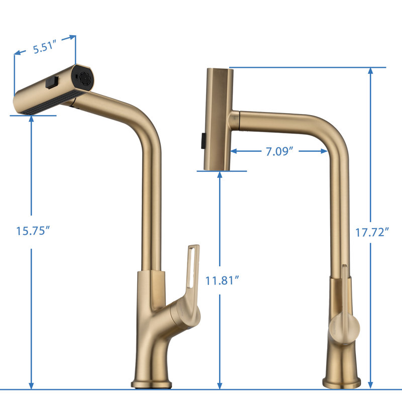 Robinet de cuisine rétractable avec réglage de 90 ° pour changer de mode de jet, Or brossé