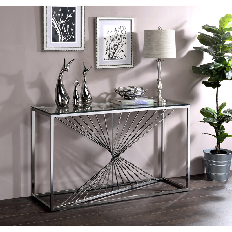 Kendra Glass Top Console Table, Chrome, 28" H x 47" W x 15" D