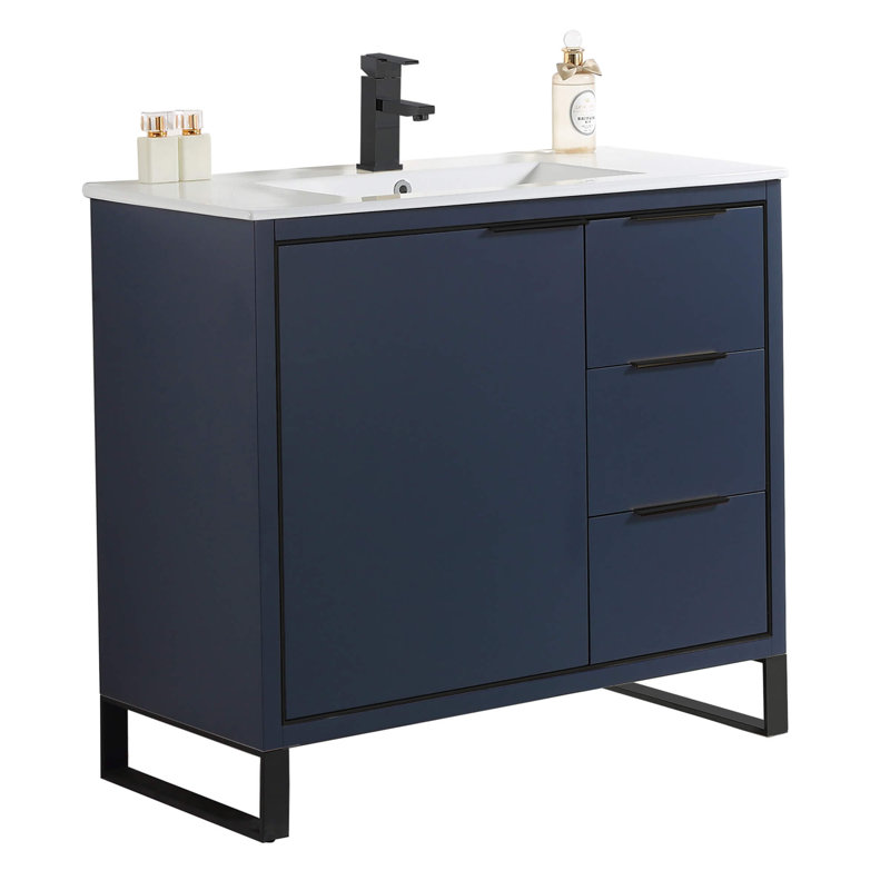 Navy Blue Matte Bathroom Vanity with White Ceramic Sink and Black Hardware