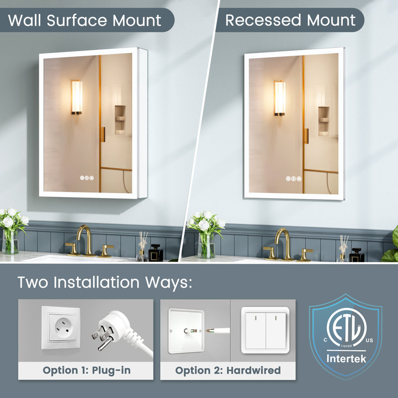 Recessed or Surface LED Mirror Medicine Cabinet, Defogger, Touch Sensor, 3 Colors, Dimmer, Outlets and USBs (Right Hinge)