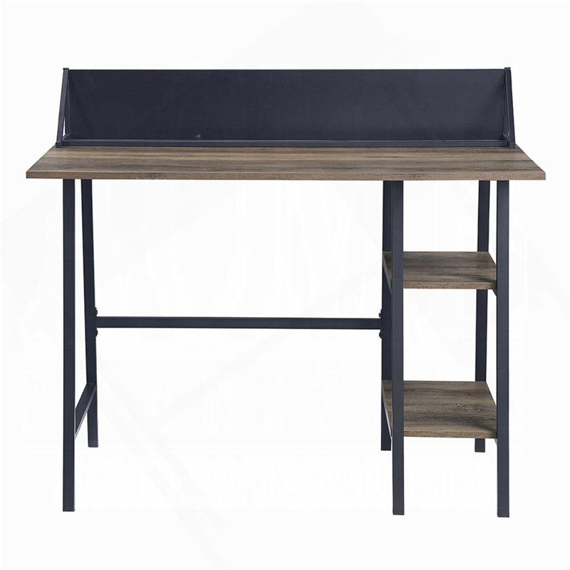 Bureau d'écriture rustique en chêne et noir à 2 tablettes avec base en forme de H
