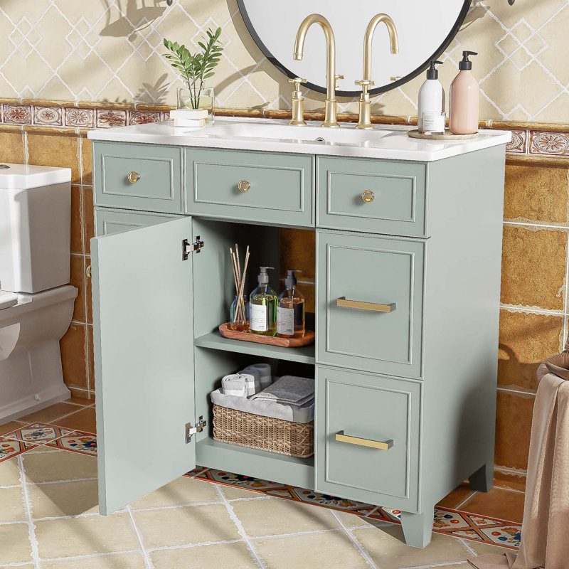 Meuble-lavabo sophistiqué avec rangement abondant et fabrication durable, Vert