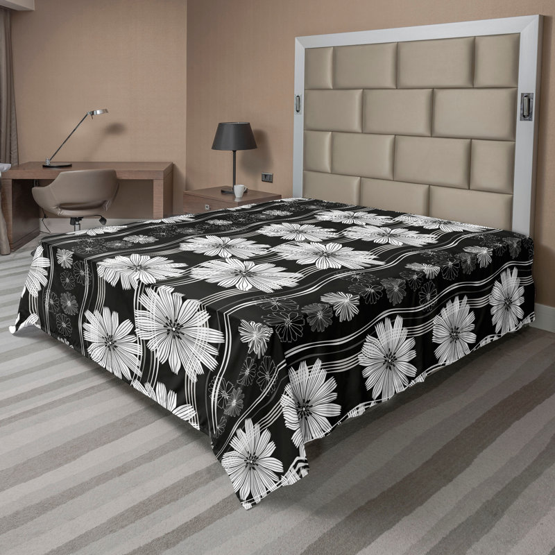 Ambesonne Floral Design Flat Sheet Jumble Cactus Flowers, Charcoal Gray White Floral, Full Flat Sheet