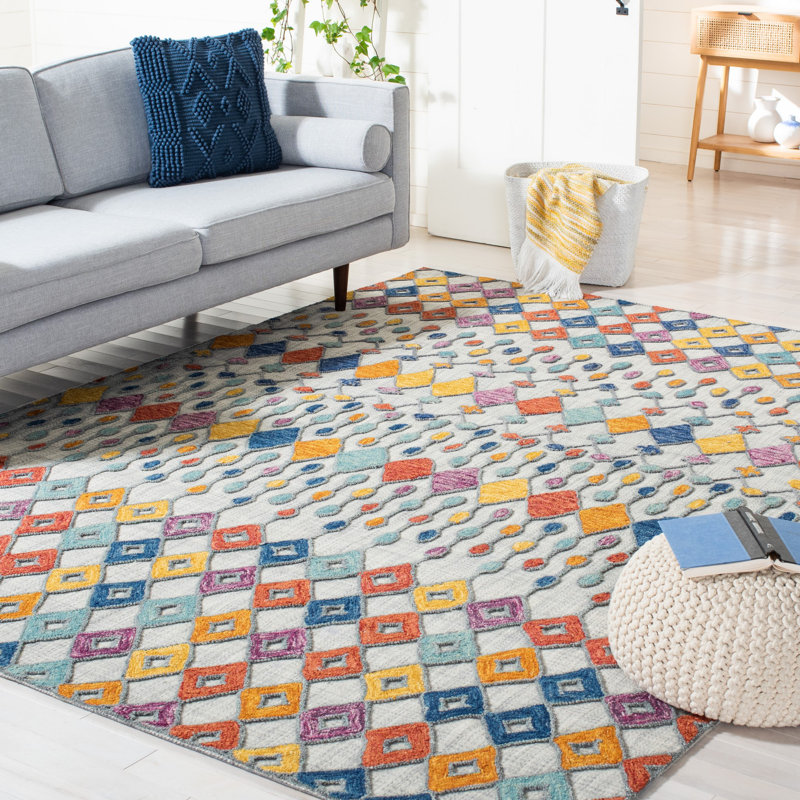 Tapis géométrique en laine / coton touffeté à la main bleu clair / jaune / rouge, Rectangle 5 pi x 8 pi