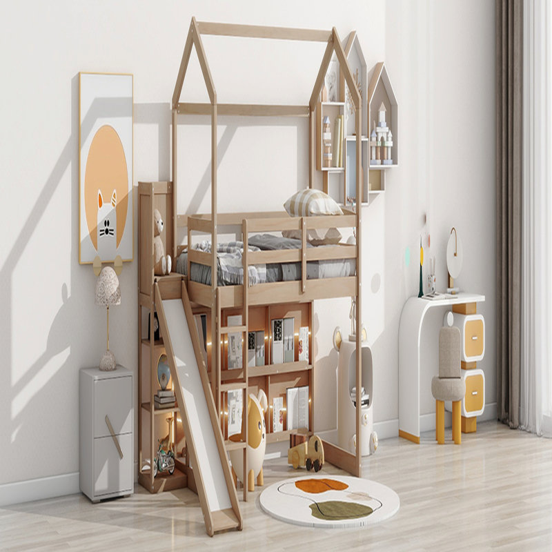 Lit mezzanine simple en bois avec glissade, tablettes de rangement et rampe d'escalade, Brun