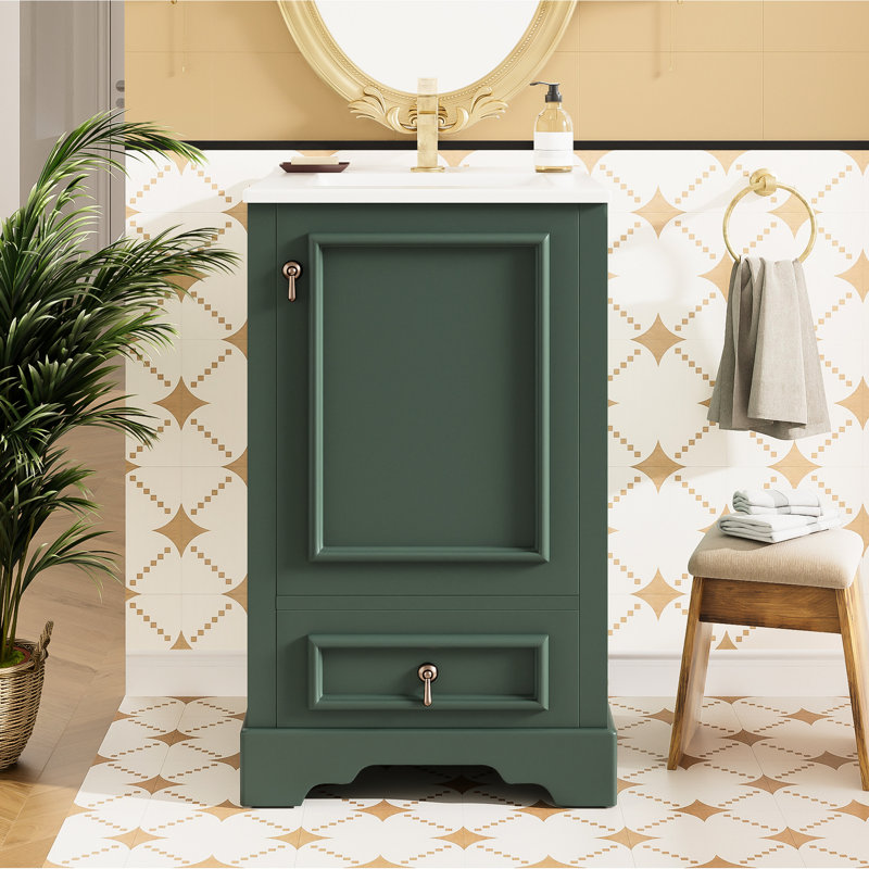 Meuble-lavabo de 50 cm pour petites salles de bain, avec lavabo en céramique, rangement astucieux et charnières à fermeture douce pour une utilisation silencieuse. Compact avec structure en bois massif, lavabo et système d'organisation.