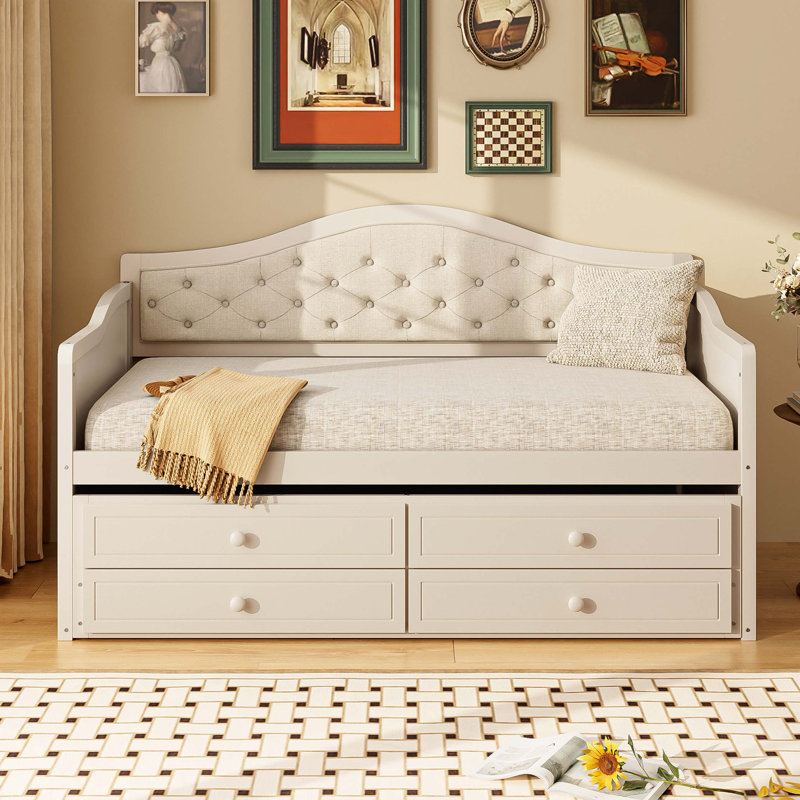 Daybed With Trundle, Daybed With 2 Storage Drawers, Sofa Bed With Upholstered Button Tufted Backrest For Living Room, Bedroom, Guest Room