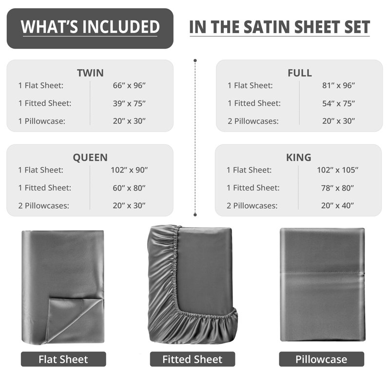 Lux Decor 4-Piece Satin Sheets 100% Polyester Luxury Silky Soft Woven Fabric Deep Pocket Fitted Sheet, Dark Gray
