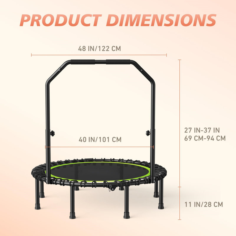 Trampoline 48 po avec poignée, rebord silencieux, cadre en acier pliable