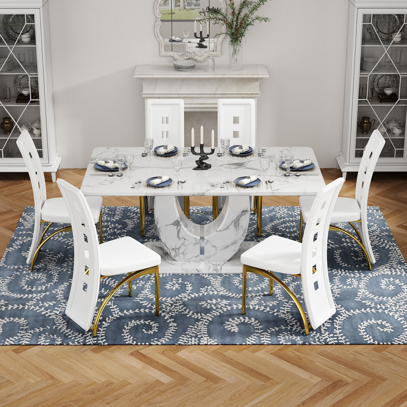 Dining Table set with PU Leather Upholstered Chairs, 7 Pieces: Table, 6 Chairs, White/Gold