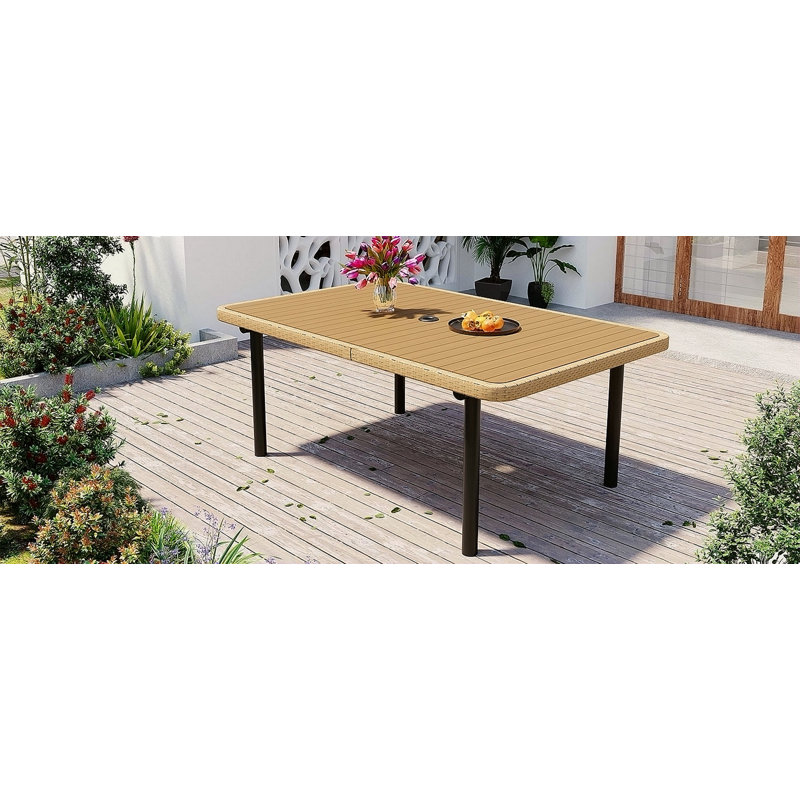 Table de salle à manger rectangulaire pour l'extérieur de 59 po avec trou de parasol 1,97 po, structure en fer, solide pour les activités, résistante aux intempéries, assemblage simple, porche parfait, structure encastrée de 59 po, conception confortable et stable de 6 po