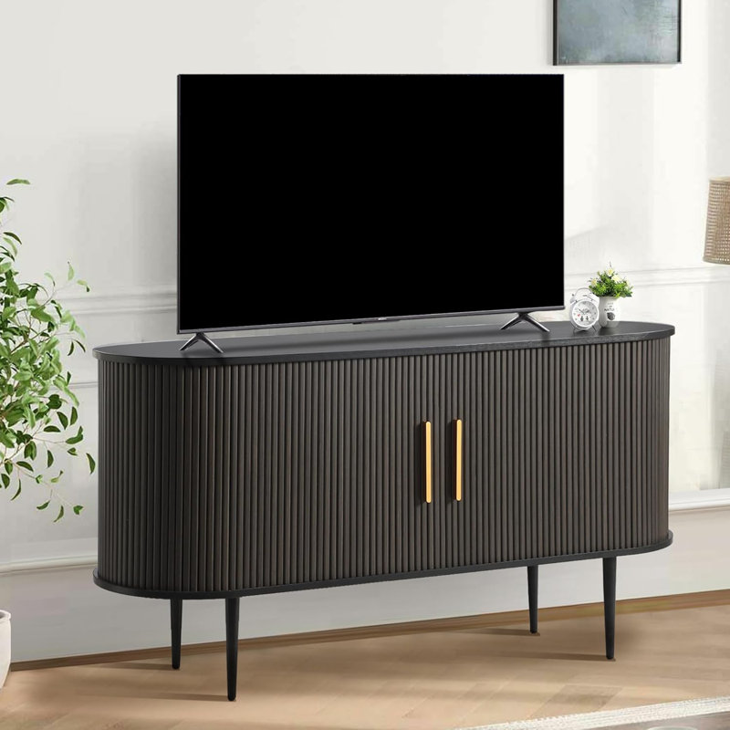 55" Sideboard Buffer Cabinet with Fluted Slide Doors,Tambour Storage Cabinet with Shelves, Black