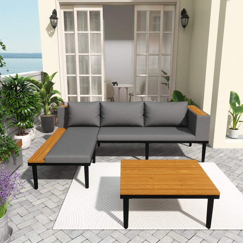 Ensemble de mobilier d'extérieur en L en bois d'acacia avec coussins amovibles, table basse et table d'appoint, canapé de conversation en forme de L, gris