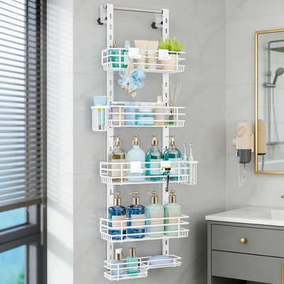 Over The Door Shower Caddy - 5 Tier Adjustable Shower Organizer With Toothbrush Holders & Hooks, Rustproof Bathroom Storage Shelf, Space Saving Hanging Rack