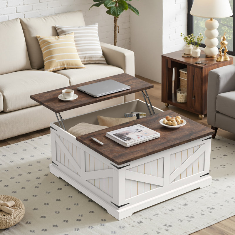 Tishay Farmhouse Lift Top Coffee Table with Storage, 35.5" Square Center Table with Charging Station & USB Ports, Hidden Compartment for Living Room, Bedroom, or Home Office