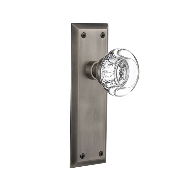 New York Plate with Round Clear Crystal Door Knob, Antique Pewter, 2-3/4”