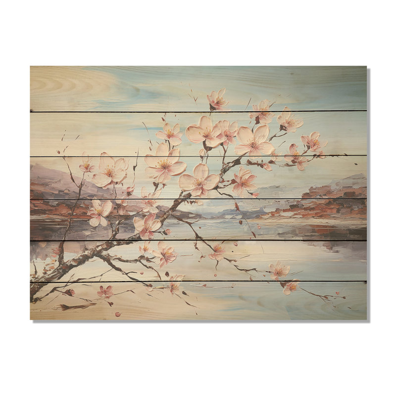 Cornouiller en fleurs sur la plage - Art mural en bois de bois de cornouiller sur bois de pin naturel, H 24 po x l 32 po