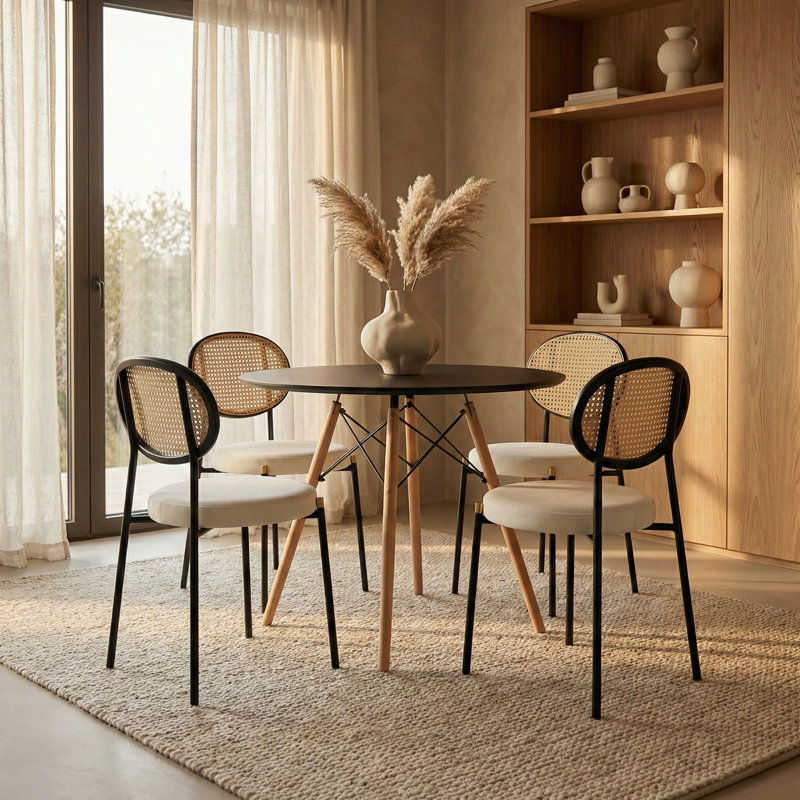 Dover 5-Piece Dining Set – Round MDF Top Table & 4 Upholstered Dining Side Chairs, Modern Dining Furniture For Kitchen And Home
