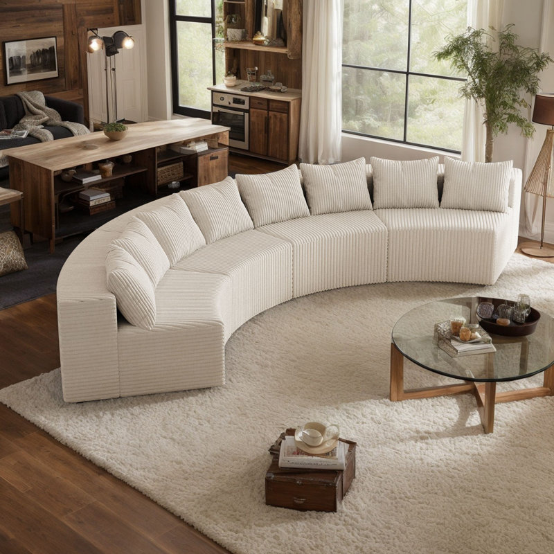 Boneless Corduroy Curved Sectional Sofa With Four Pillows, Modules, Beige Corduroy, 30.5" H x 90.5" W x 43" D