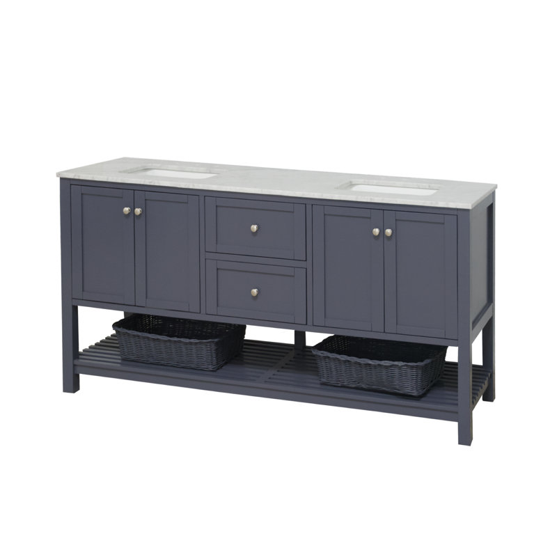 Ensemble de meuble-lavabo double 72 po Binne, Gris marine, Marbre de Carrare