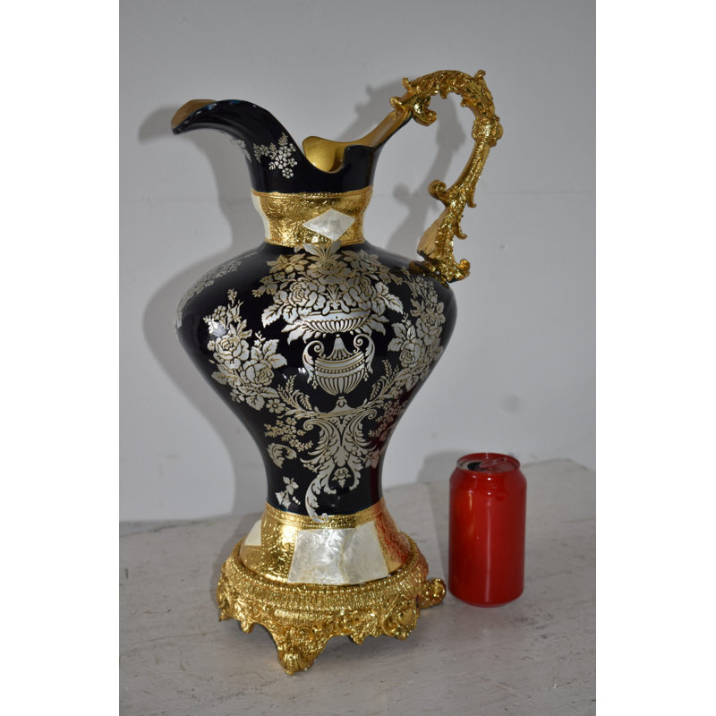 Fermen Black and Silver Rounded Hydria Resin Vase Size: 11" x 8" x 18"H