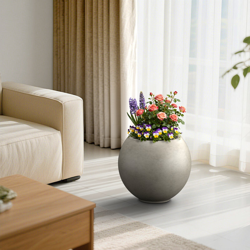 Grand pot à fleurs rond en béton gris 19,5 po avec intérieur amélioré et trous de drainage pour l'intérieur et l'extérieur