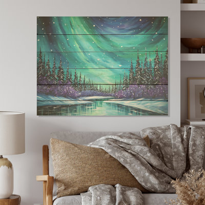 Green Northern Lights Winter Charm I - Northern Lights Wood Art On Natural Pine Wood